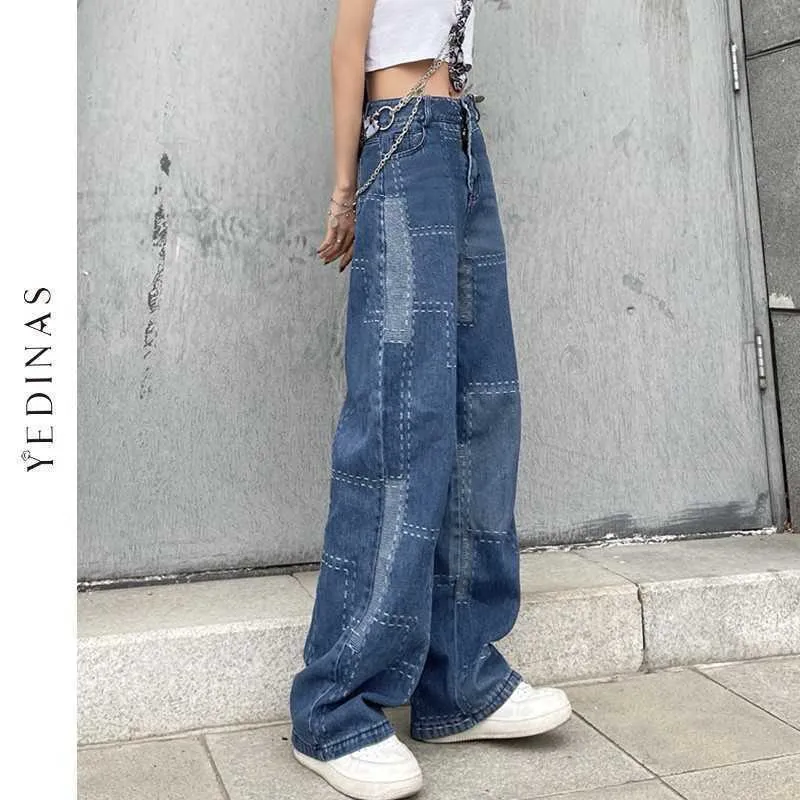 Yedinas Vintage Color Patchwork Mom Jeans Boyfriend a vita alta per le donne Pantaloni larghi neri Pantaloni a gamba larga 210527