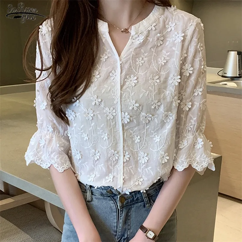 Spring Stereoscopic Embroidered White Pure Cotton Blouse Floral Short Sleeve Woman's Shirt Fashion Lady's Shirt 9638 220407