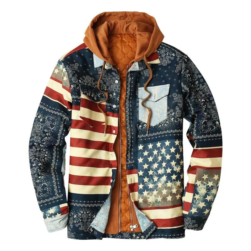 Men's Tracksuits Zip Up Lightweight Fleece Jacket Men Casual Winter And Autumn Retro Print Hooded Zipper Pocket Long Mens AnorakMen's