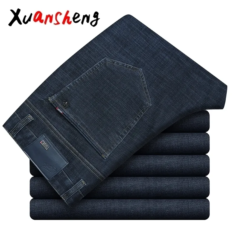 Xuan Sheng Stretch Mens Jeans فضفاضة بشكل مستقيم كبير الحجم العلامة التجارية الكلاسيكية العارضة عالية الخصر الأزرق الأسود رجالي طويلة الجينز 2011111111111111111111