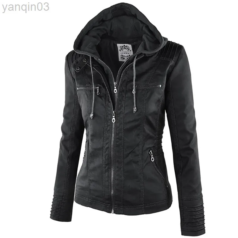 Fashion Winter Faux Leather Jacket Kvinnor Basic Jackets Hooded Black Slim Motorcykeljacka Kvinnor Rockar Kvinna XS-7XL L220801