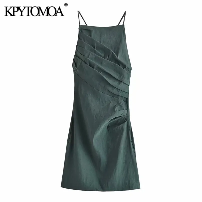 Women Fashion Draped Linen Mini Dress Vintage Backless Zipper Thin Crossover Straps Female Dresses Vestidos Mujer 220526