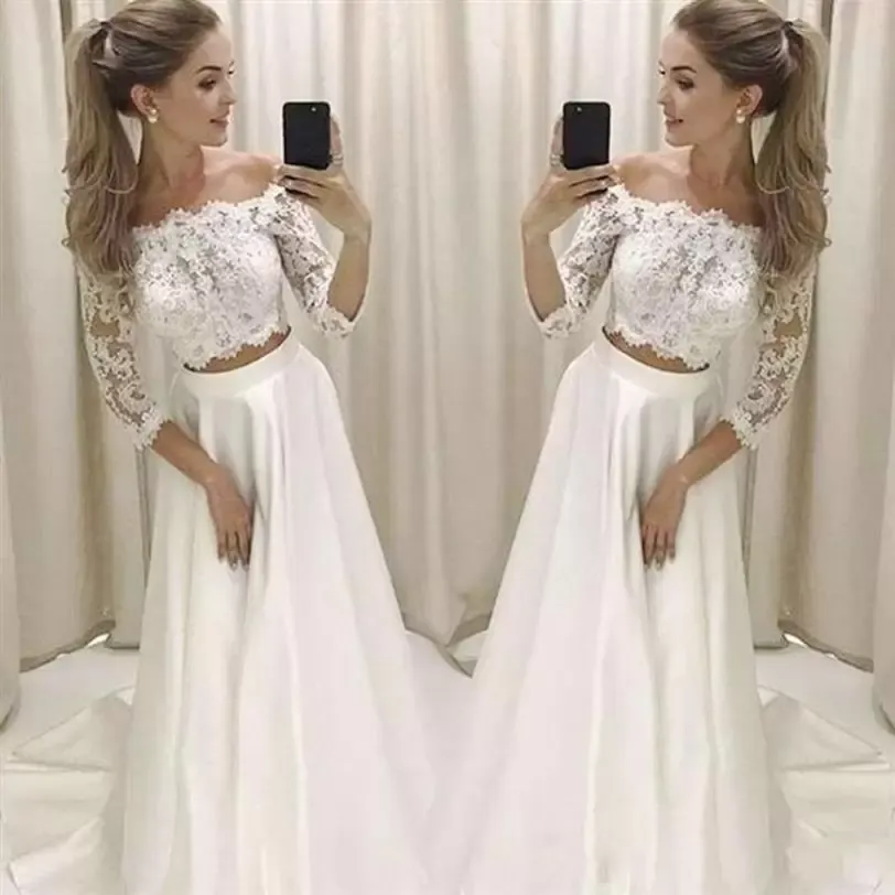 Boho Beach Wedding 2022 Sukienki ślubne Suknia Ślubna Dwuczęściowe ruche pliski zamiatanie pociąg satyny z ramion 3/4 długie rękawy