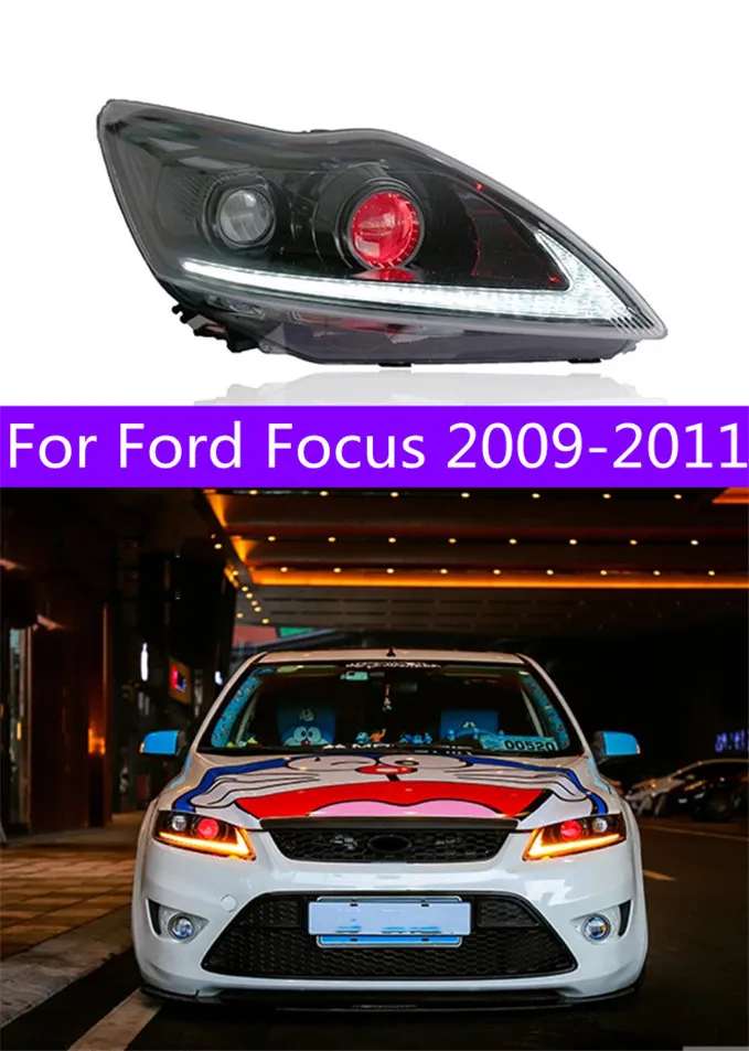 Bilstyling LED-strålkastare för Ford Focus 2009-2013 Focus MK2 Strålkastare Montering Dynamiska Turn-indikatorlampor