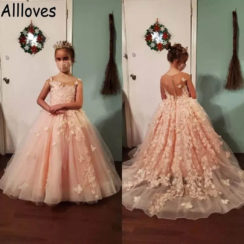 Dusty Pink Puff Ball Gown Flower Girl Dresses For Wedding Party 3D Flowers Princess Kids Formal Wear Little Girl's Pageant Gowns Toddler First Communion Dress CL0586