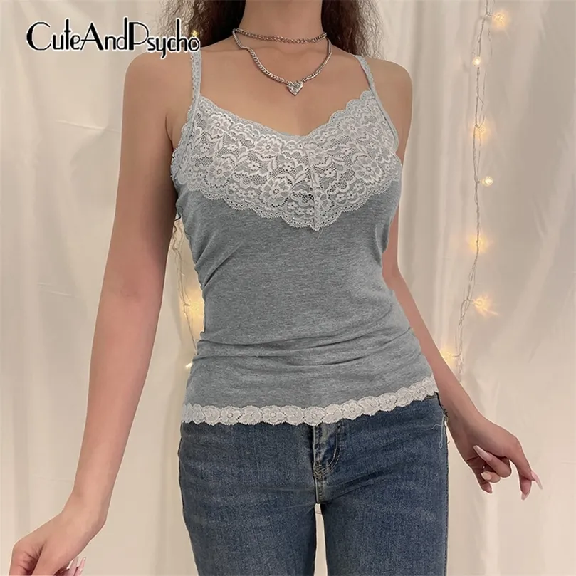 Y2K Fairycore Retro Sexy Camisole Lace Patchwork Solid Vneck Grunge Grey Outfits Club Spaghetti Pasp Casual Tops CuteAndpsycho 220526