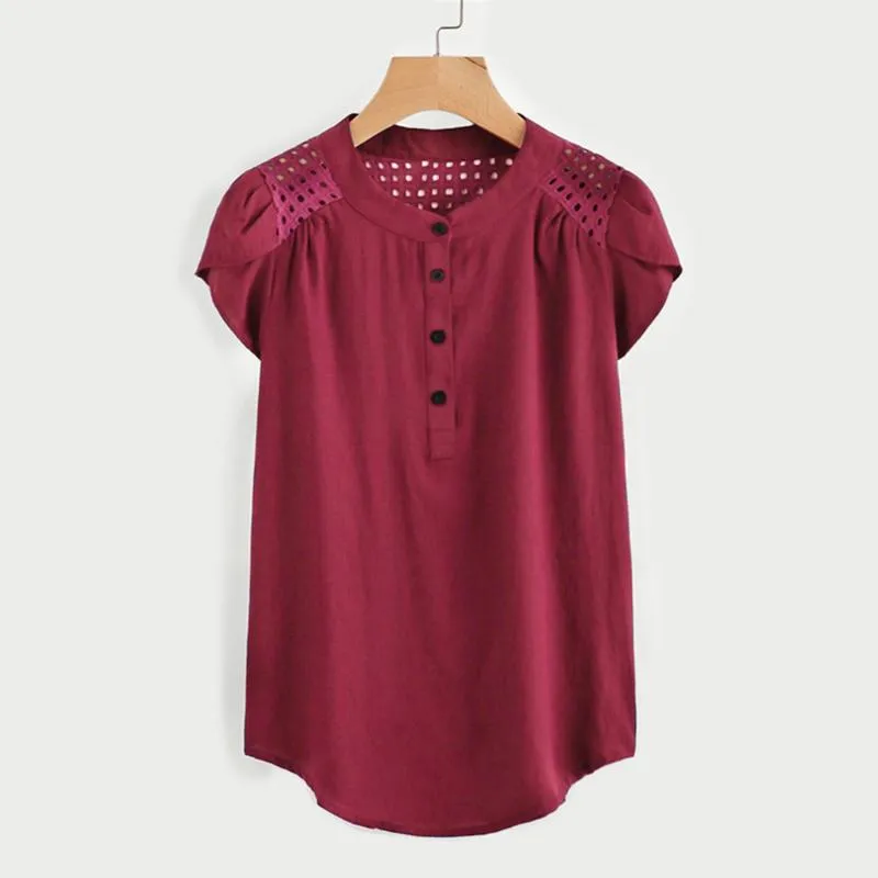 Blusas femininas camisas soltas blusa de manga curta mulheres 2022 verão oco out botões fashoin cor sólida manga curta blusas tops quimono