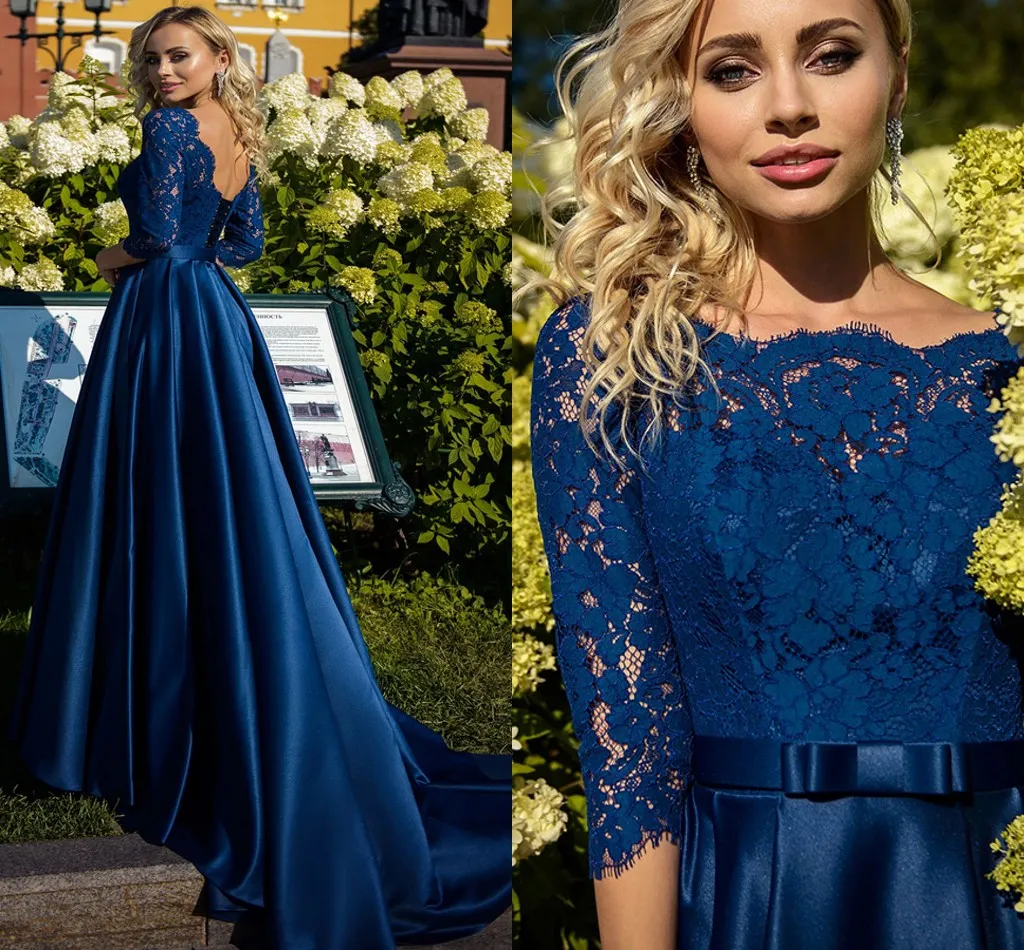 Elegantes königsblaues Spitzenkleid für die Brautmutter, U-Ausschnitt, halbe Ärmel, Schleife, Gürtel, Satin, A-Linie, formelle Gast-Partykleider Robe De Soriee