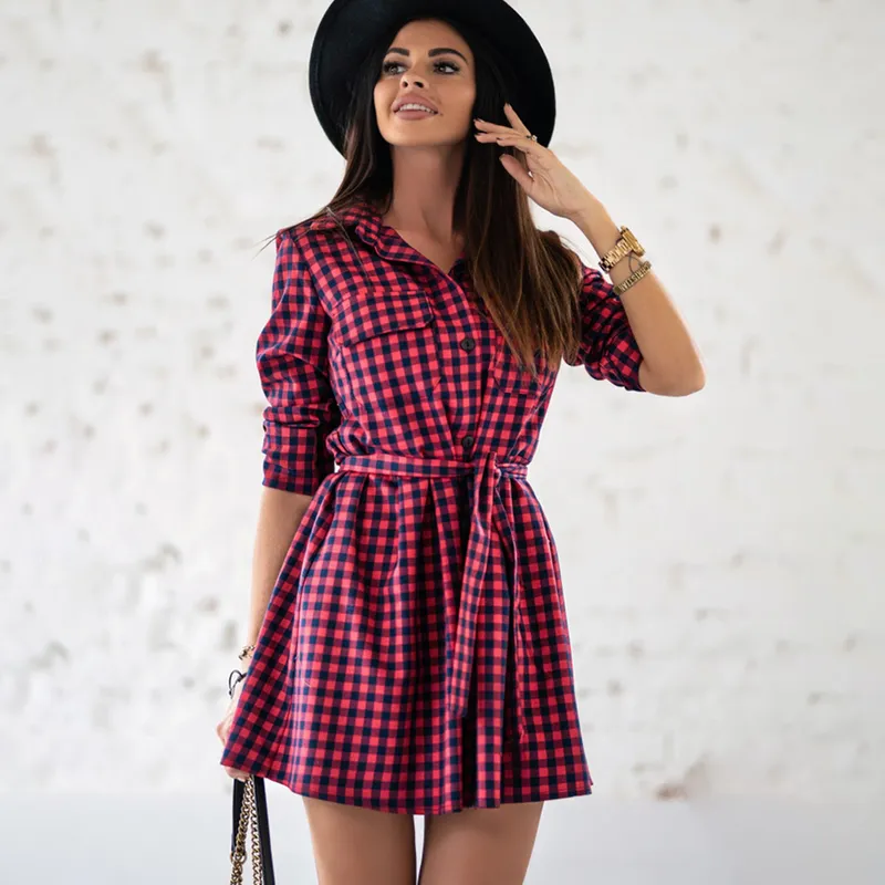 Casual Plaid Print Button Shirt Dresses For Women 2021 Autumn Long Sleeve Pockets Lace-up Ladies Fashion Party Dress Robe Femme