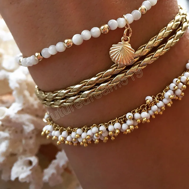 Ensemble de bracelets de cheville bohémien couleur or pour femmes, Imitation de perles, coquillage, étoiles, Bracelet de cheville tendance, bijoux de plage féminins