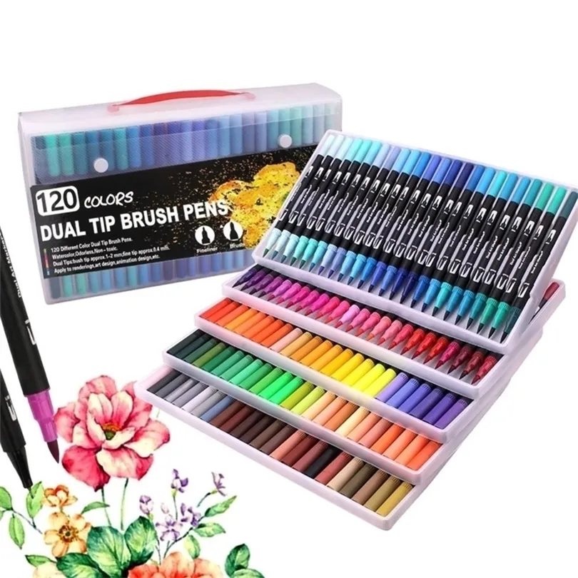 120 kleuren borstel fineliner pennen kleurplaat borstel tip kunstmarkeringen voor kleur schetsen schilderen 210226