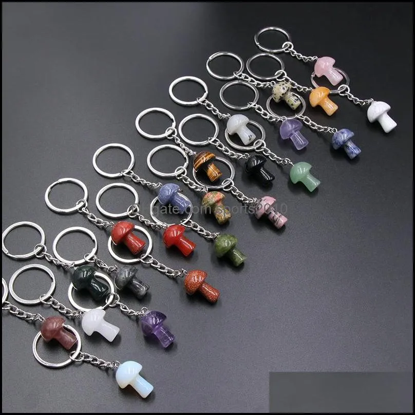 mini mushroom statue key rings chains natural stone carved charms keychains healing crystal keyrings for women men