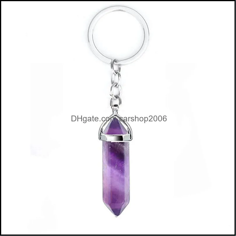 Key Rings Natural Stone Hexagonal Prism Keychains Healing Rose Crystal Car Decor Keyholder For Women Carshop2006 Dhgbq