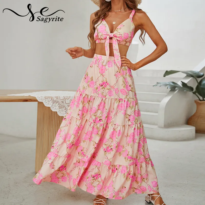 Elegant Womens Two Piece Dresses: Floral Print Lightweight Boho Maxi Summer  Dress With Crop Top And Ankle Length Skirt