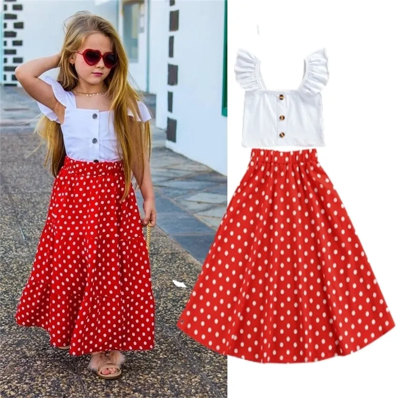 Vestiti per ragazze Set Abbigliamento per bambini Tinta unita Cinturino senza maniche Top corto Gonna lunga con stampa a pois 1 6Y 220620