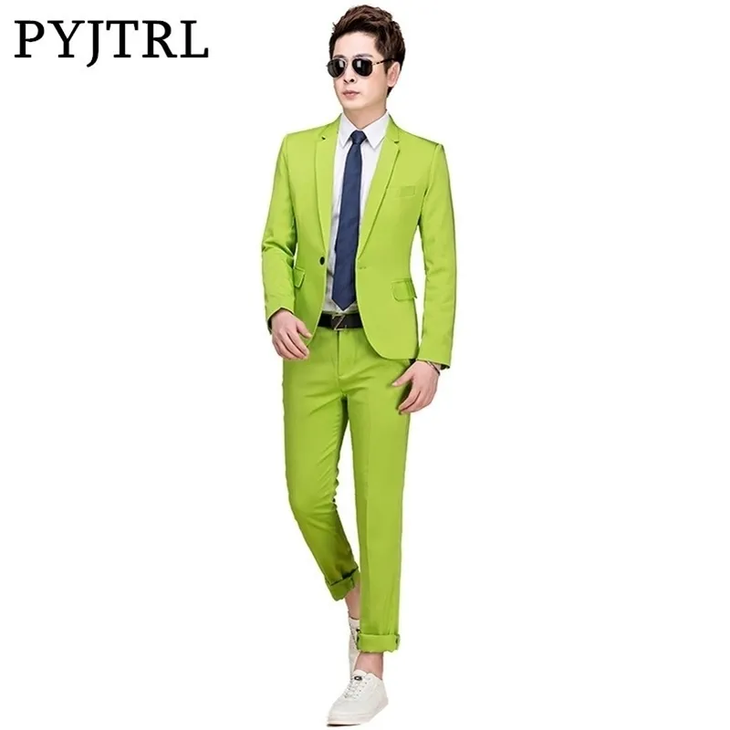 PYJTRL M5XL Men Colorful Fashion Wedding Suits Plus Size Yellow Pink Green Blue Purple Suits Jacket and Pants Tuxedos 201106