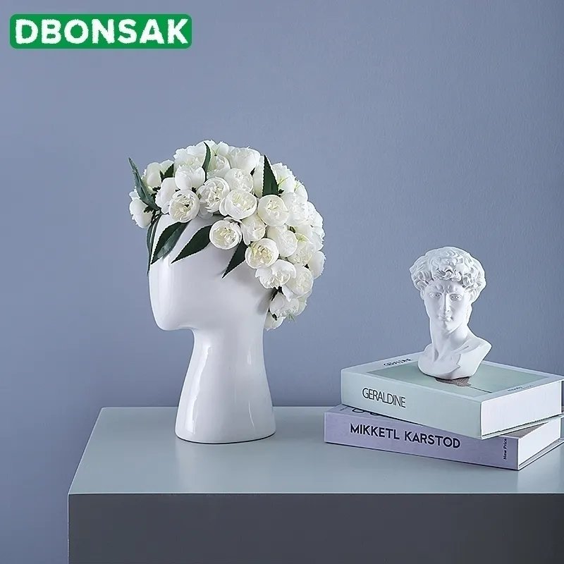 Forme de tête humaine Vase en céramique Trou rond Arrangement de fleurs Accueil Salon Design Décoration de mariage Blanc Noir Y200709