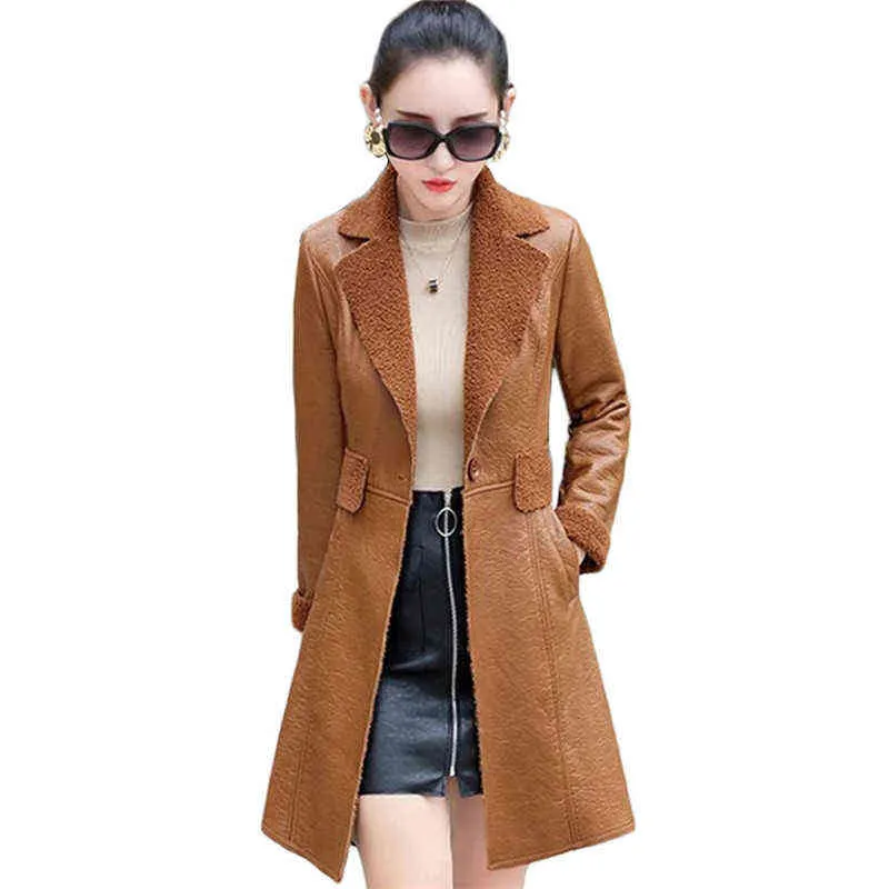 Winter Jacket Women Caramel L-4XL 2020 Autumn New Korean Fashion Slim ADD Velvet Long Faux Leather Coat Feminina JD880 L220728