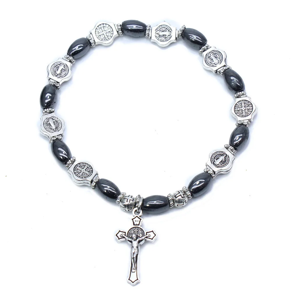 Christliche religiöse Ikone Schwarze Perlen Kreuzarmband Armband Schmuck Perlen Rosenkranz