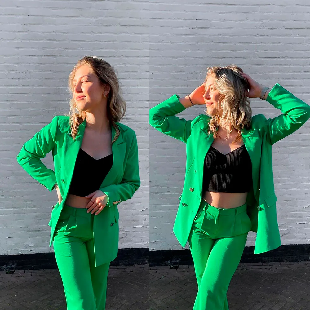 Bright Green Women Blazer Passar Street Style Power Slim Fit Evening Party Formell Outfit Bröllopskläder 2 stycken