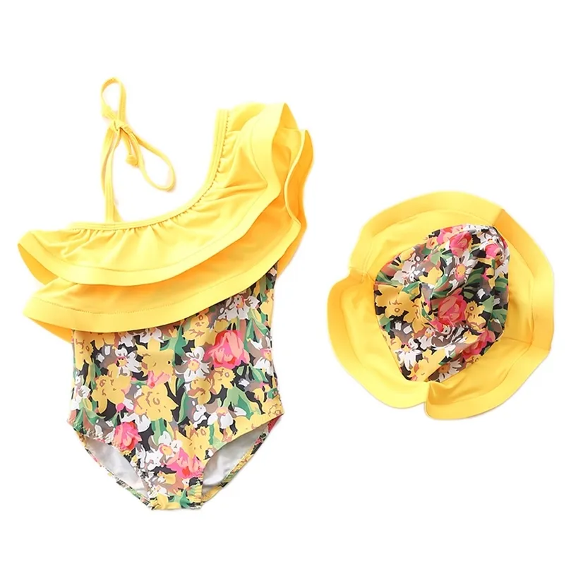 1~7Y Baby Girls Swimming suit Ruffle Style Children Swimwear for Kid Beach wear with Cap-SW442 220426