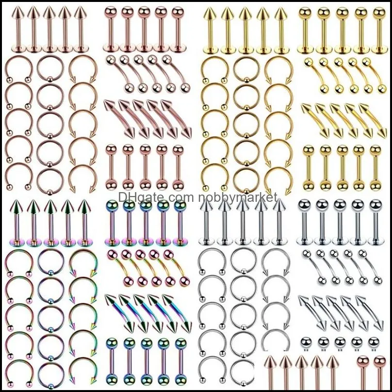 40PCS Surgical Steel Body Jewelry Bulk Nose Tongue Bar Eyebrow Labret Piercing Set Horseshoe Ring Lot Pack