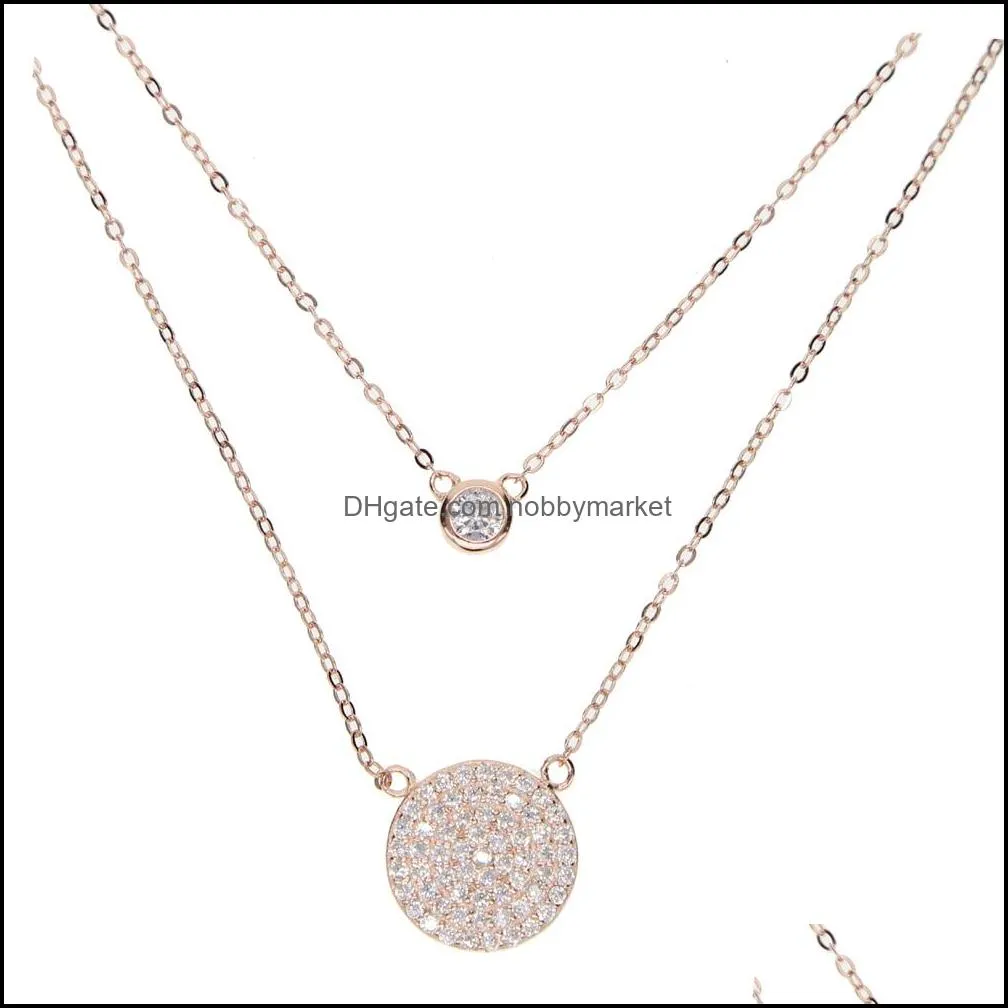 925 sterling silver factory top quality fine fashion big micro pave cz disco charm double layer elegant silver cz necklace