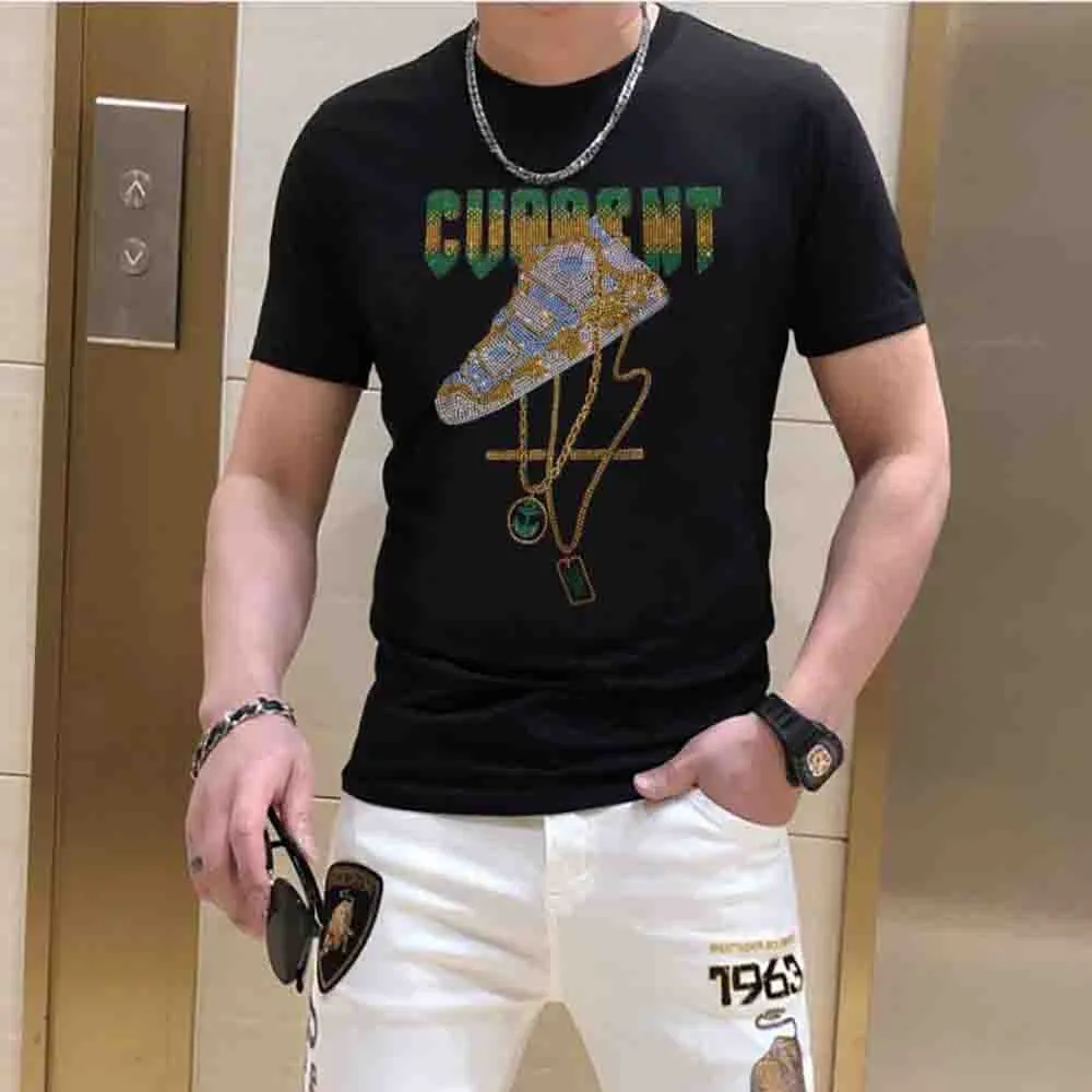 Fashion Clothing Men's T-shirt Round Neck Short Sleeve Rhinestone Street Style Hip Hop Summer New Design Male Tees Cotton Streetwear Mens Clothes S-4XL