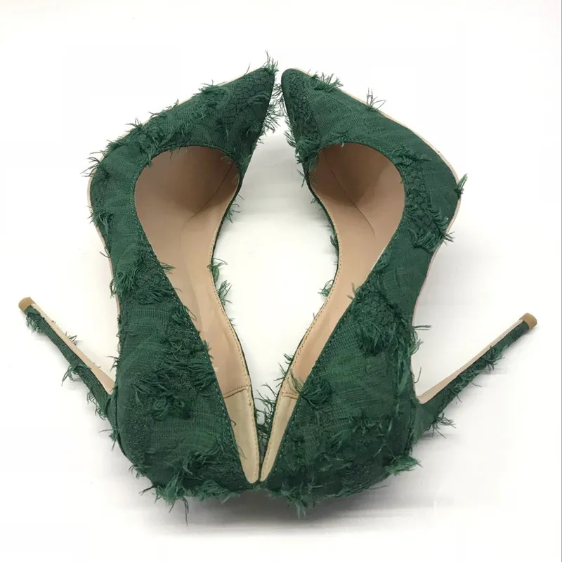 Scarpe da donna a punta verde con tacco alto e tacco alto con frange firmate a molla, scarpe singole con personalità sexy a bocca bassa in Europa e negli Stati Uniti