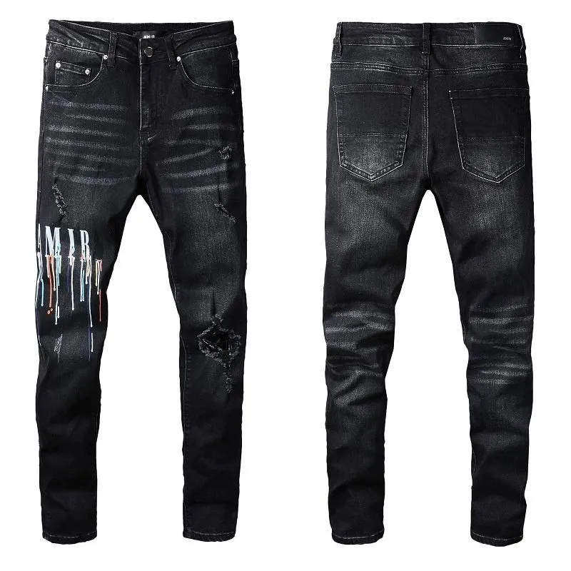 Jeans pour hommes AMR Hommes Pantalons Mode High Street Noir Lettre multicolore Version imprimée Pantalon de moto Hip Hop Jean