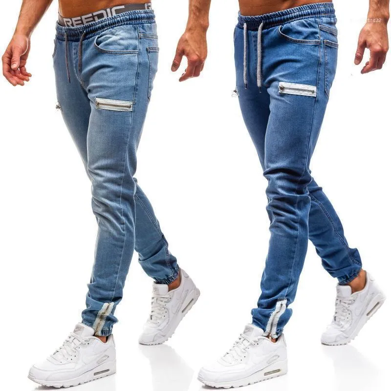 Heren jeans mannen casual lente en herfst mode gewassen noodlijdende slanke rits manchet sport denim broek mannelijke potlood broek1