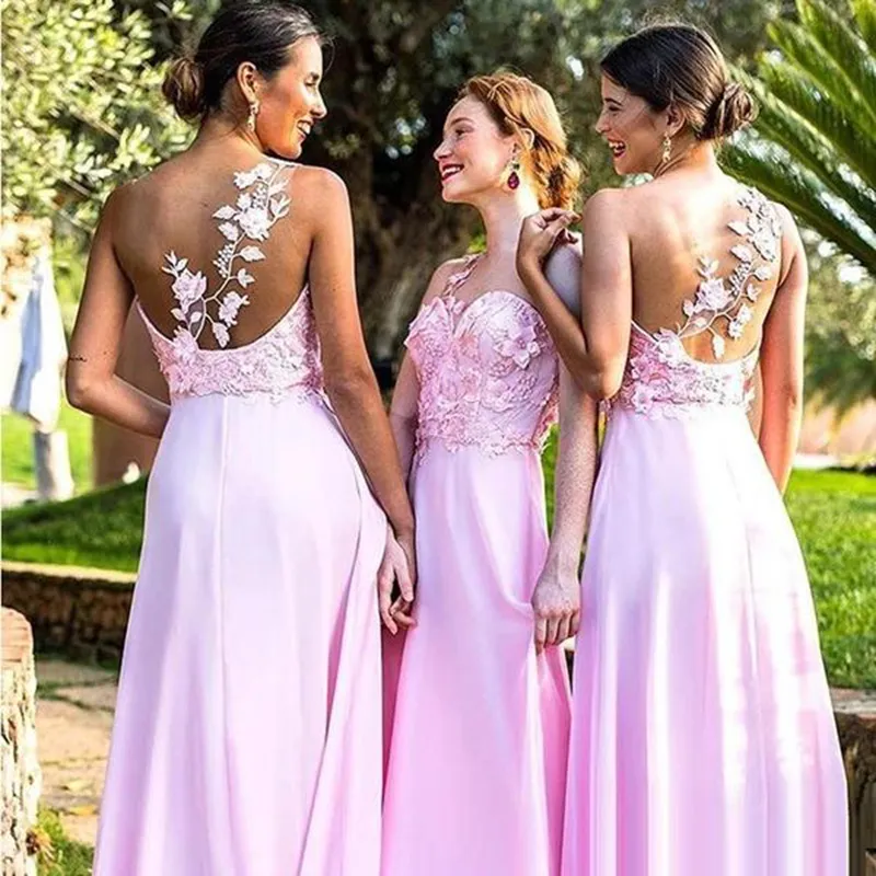 Elegant One Shoulder Bridesmaid Dresses Pink A Line Lace Appliques Sleeveless Satin Maid Of Honor Gowns For Wedding Cheap Bridesmaid Dress Custom Made