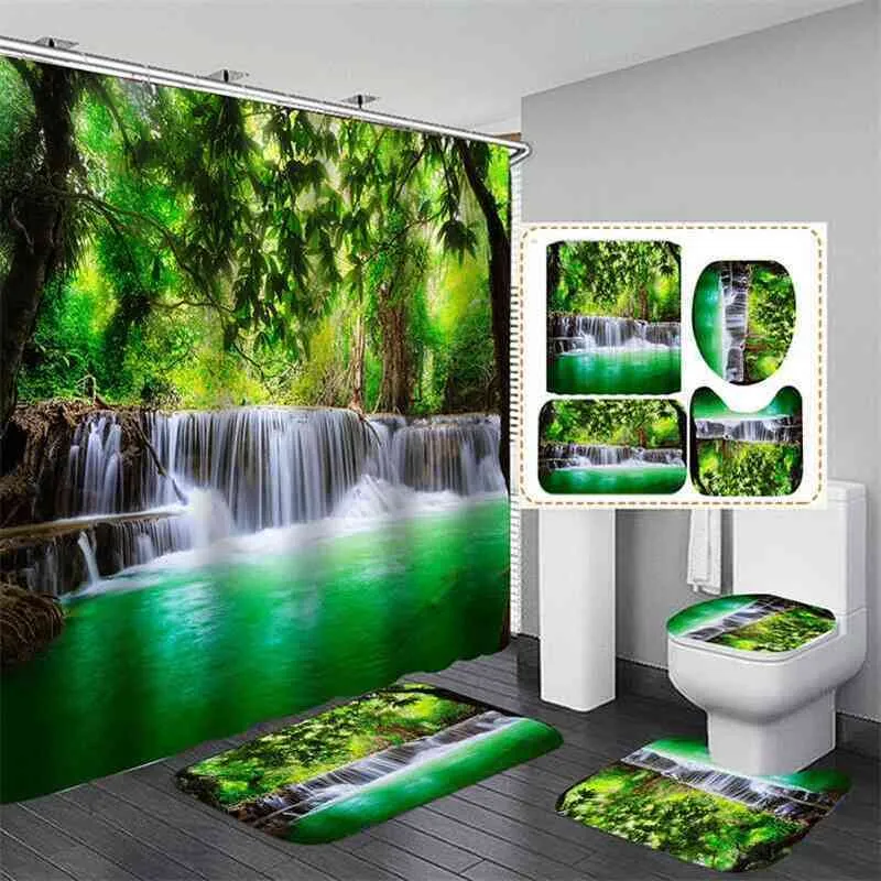 4pcs Bathroom Set Shower Curtain Waterfall Non slip Mats Bath Carpets Toilet Seat Cover Floor Mat Pedestal Rug Toilet Cover 210402