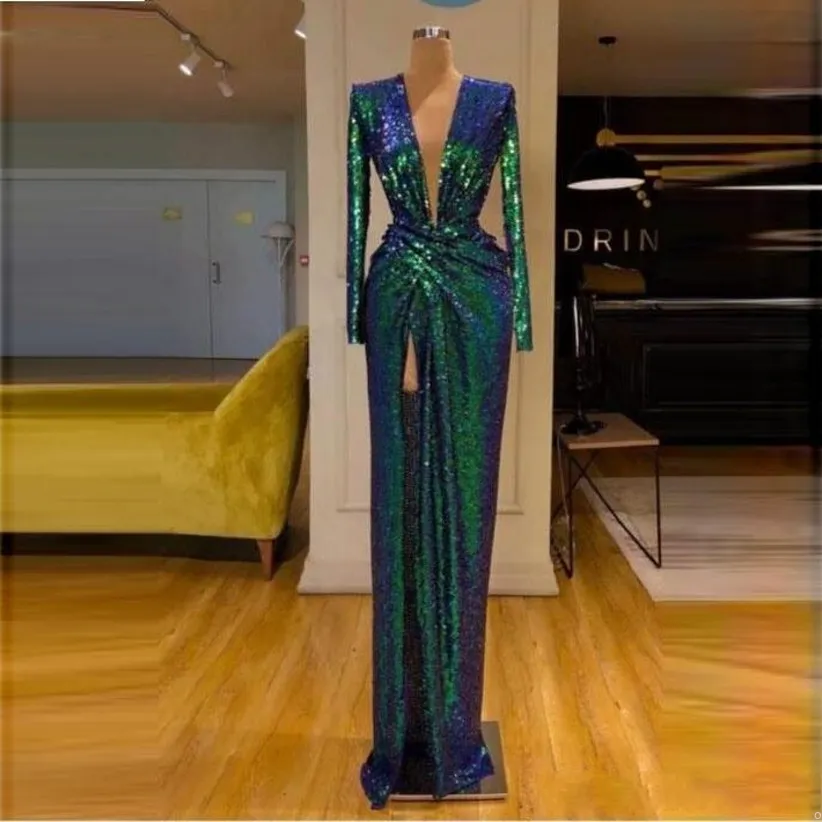 Neue 2022 Sexy Green Pailletten Ballkleider Lange Ärmel Deep V-ausschnitt Front Split Abendkleid Cocktail Party Kleider Einzelne Farbe No Discolo