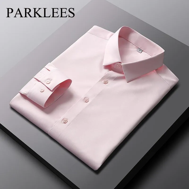 Mäns casual skjortor parklees rosa stretch silk klänning skjorta män 2022 märke lång ärm slät icke-järn affär smal passande fasta skjortor