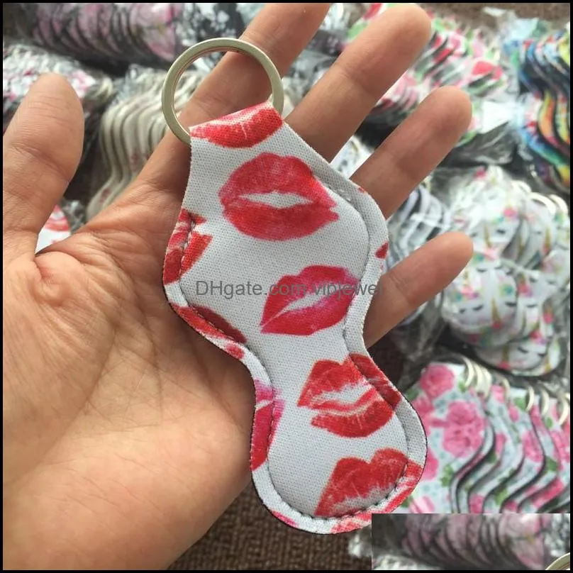 floral neoprene chapstick keychain rose coral lipstick cover sleeve key rings lipstick buckle (random color send) h350q