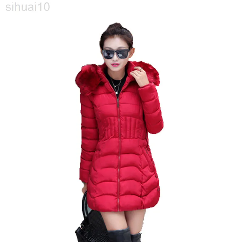 Winter Women's Cotton Coat New Korean Version Of The Slim Hooded Gray Green Black Mid-length Cotton Clothes L220730