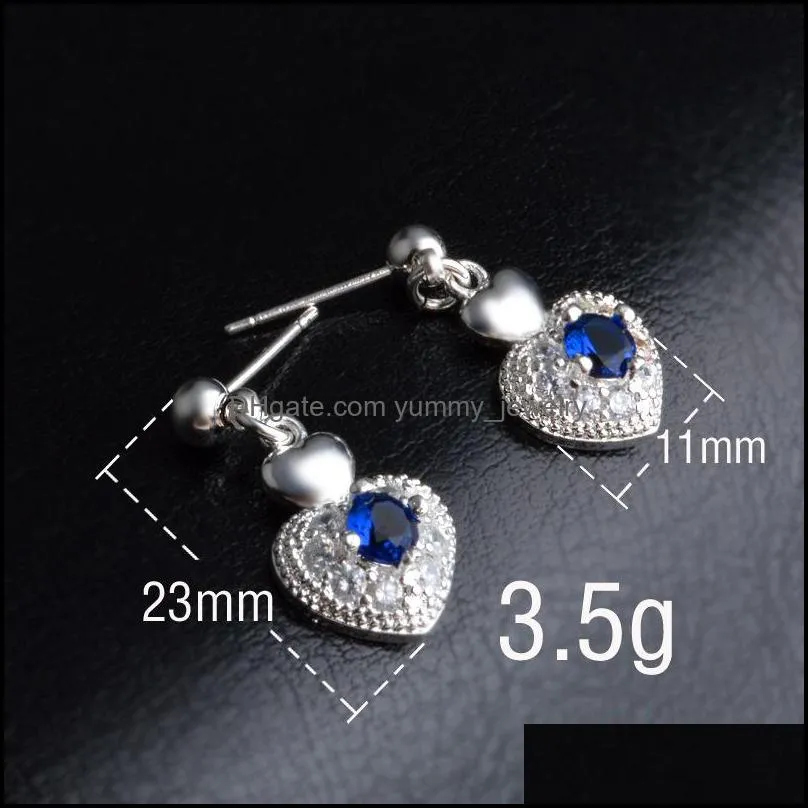 Women Heart Zircon Jewelry Sets 925 Sterling Silver Plated Fashion Blue Crystal Diamond Stud Earrings Necklace with Link Chain Wedding