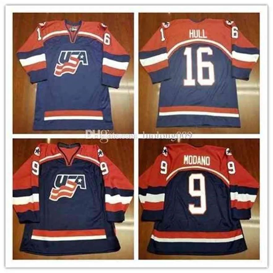MThr Team USA#16 Brett Hull 9 Mike Modano Hockey Jersey Embroidery Stitched any number and name Jerseys