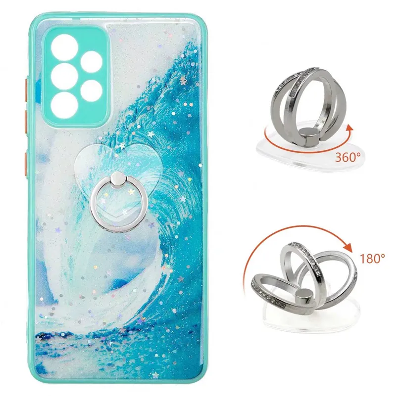 Estuches con soporte para anillo de dedo de metal para Samsung S22 PLUS A13 A33 A53 A73 A22 S21FE S21 S20 A32 A52 A72 Bling Glitter Heart Love Ocean PC Acrílico TPU Mariposa Flor contraportada