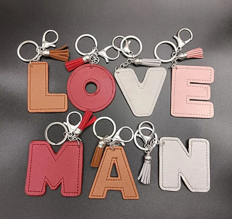 Personalized English Letter keychain Pendant Leather Keychains Tassel Key Chain Luggage Decoration Keyring