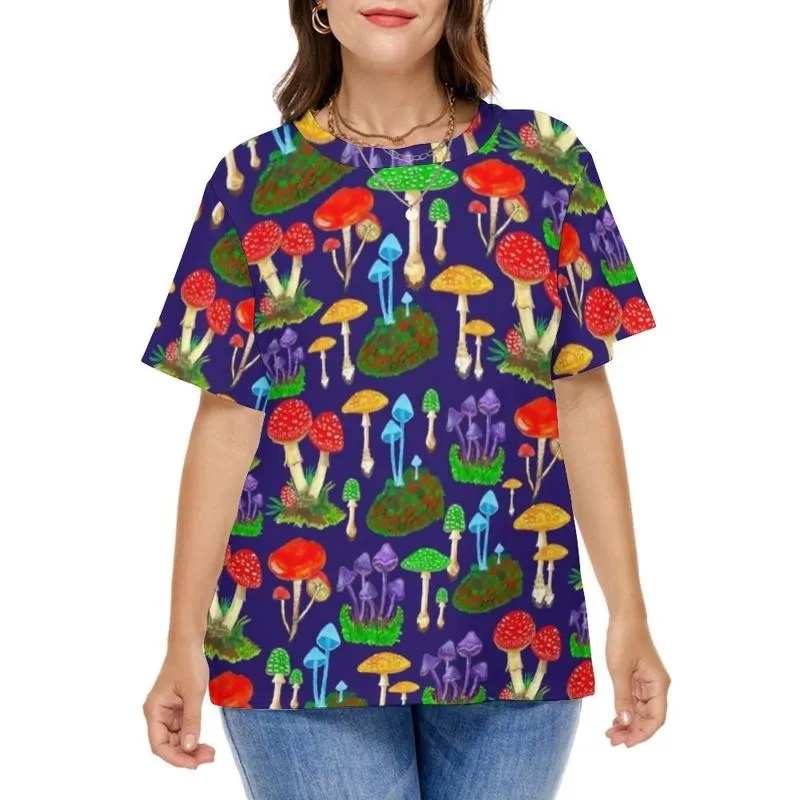 여자 플러스 사이즈 티셔츠 버섯 안내 티셔츠 화려한 버섯 거리웨어 티셔츠 짧은 슬리브 여자 힙합 티셔츠 해변 패턴 탑