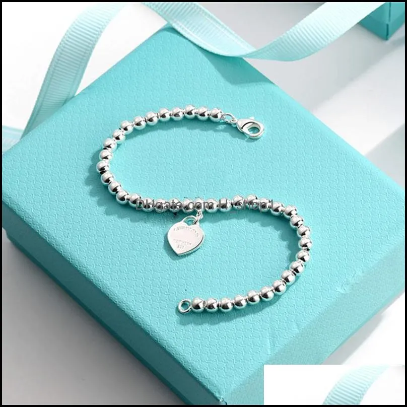 925 silver tif luxury heart beaded tag strands bracelet women fine jewelry trendy beads chain round ball bracelets for girlfriend love blue fashion gift with