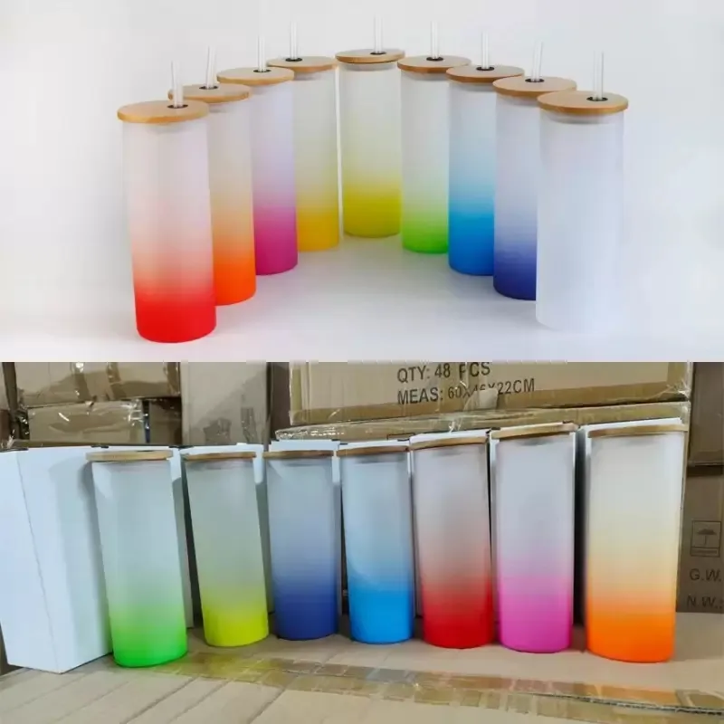 17oz sublimação vidro copo de vidro em branco vidros geados garrafa de água gradiente cores de impressão de tumblers com palha de bambu