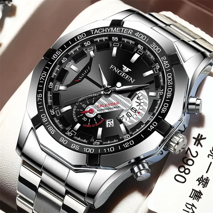FnGeen Luxury Mens Watchs Band en acier inoxydable Fashion Fashion Imperproof Quartz Watch For Man Calendar Male Clock Reloj Hombre S001 220521