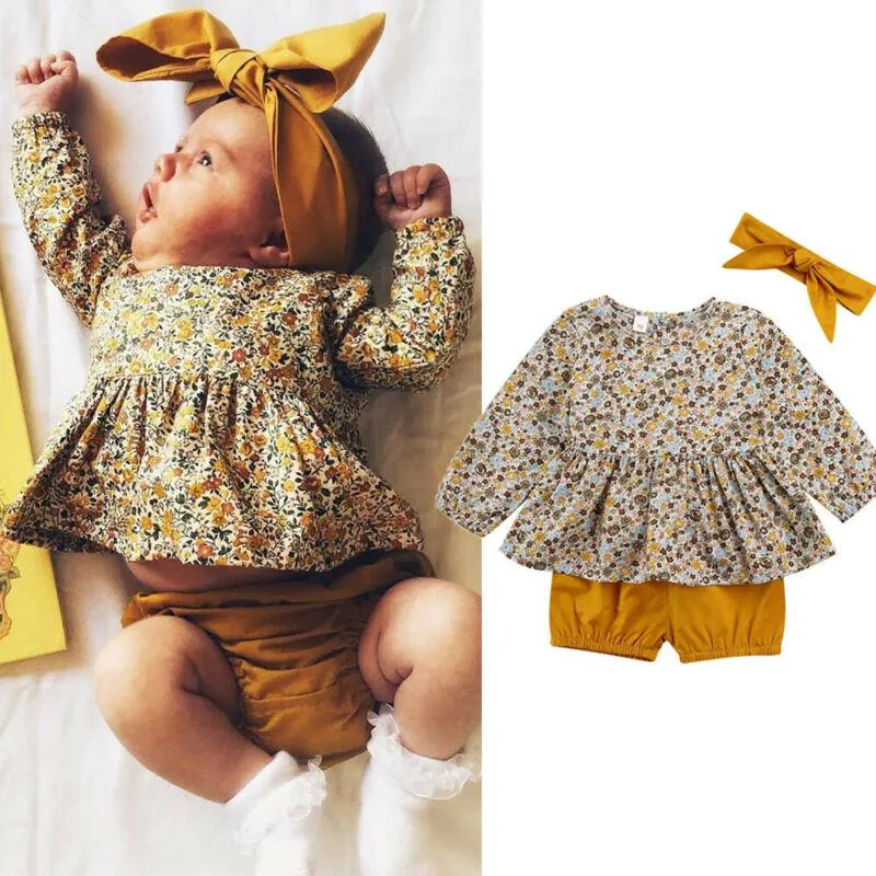 Kläduppsättningar Söt Born Baby Girl Outfits Kläder 3st Långärmade Blommiga Toppar Klänning Shorts Pannband Vår Höst 0-18MCläder