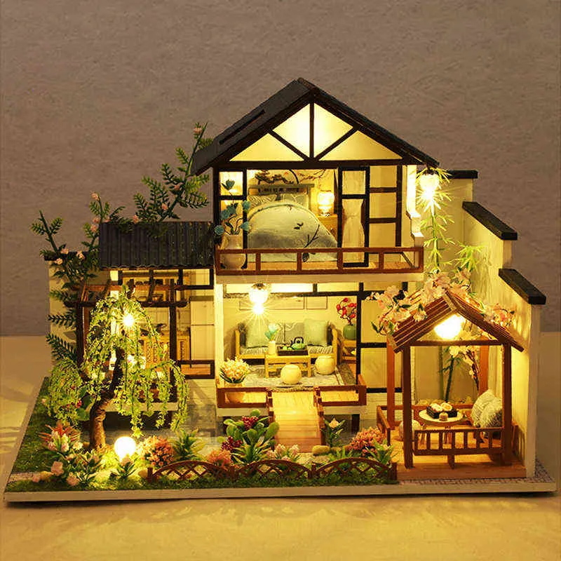 Grande maison de poupée à monter soi-même, Kit de construction Miniature, maison en bois de Style modèle avec meubles de maison de poupée légers, jouets pour enfants, cadeaux