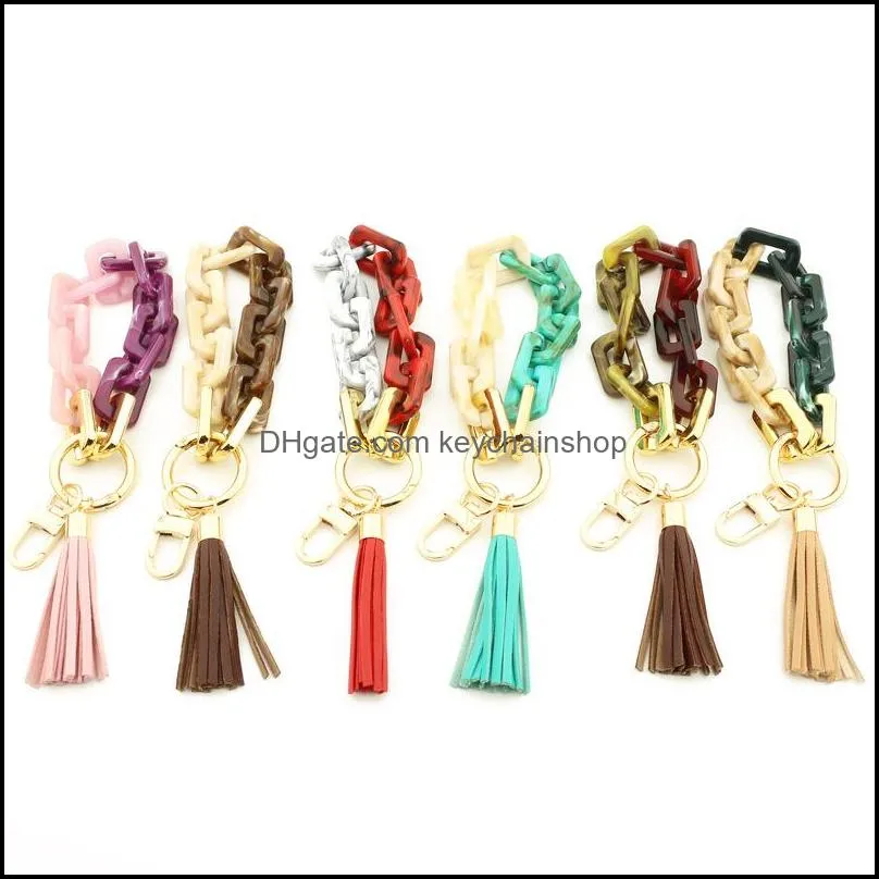  keychains key rings fashion jewelry women accessories wristlet bangle bracelets acrylic link chain leather tassel phone charms bag