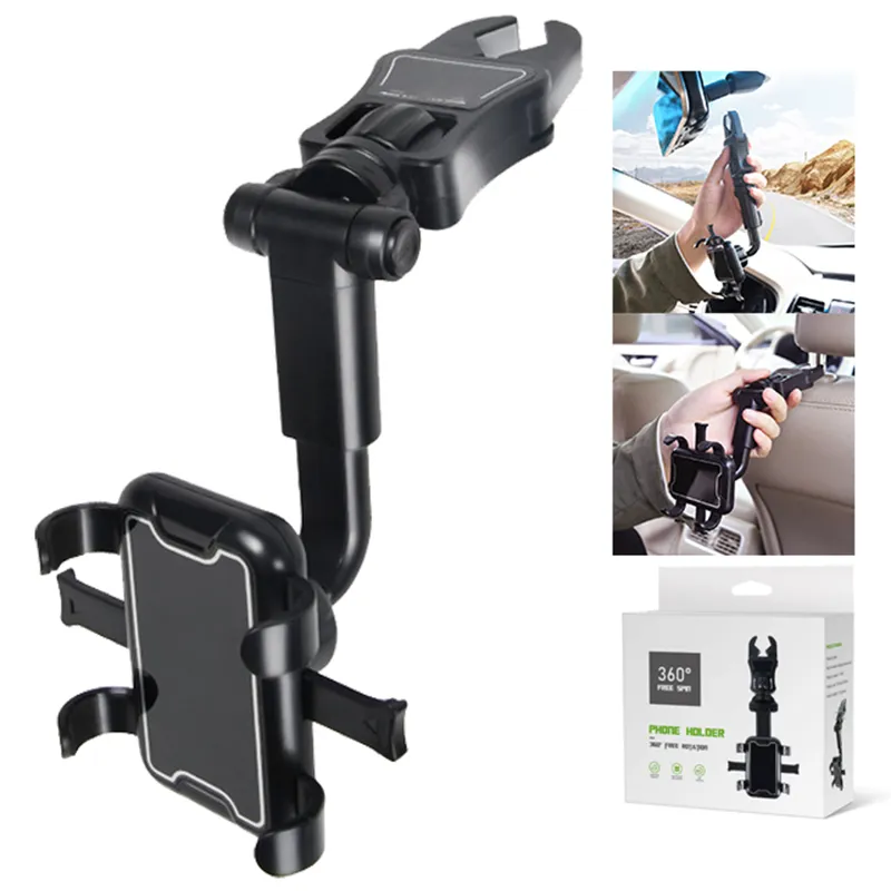 Multifunctional Rearview Mirror Phone Holder 360 Rotatable and Retractable Car Mount Clip for iPhone15 Pro Max Samsung Google Smartphones