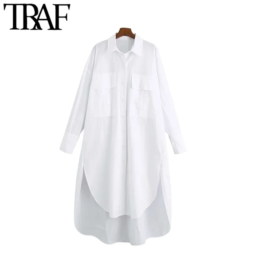 Traf Women Fashion z kieszeniami Owczesne nieregularne bluzki vintage długie rękawowe otwory wentylacyjne żeńskie koszule eleganckie topy 210326